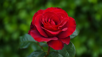Naklejka premium A velvety red rose blooms in a garden against a green leafy background