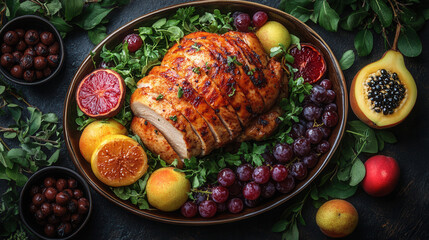 healthy grilled turkey with asparagus and summer cherries on rustic wood background, top-down view 