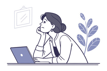 A woman with her chin resting on her hand looks thoughtfully upwards while sitting at a desk with a laptop and a plant nearby