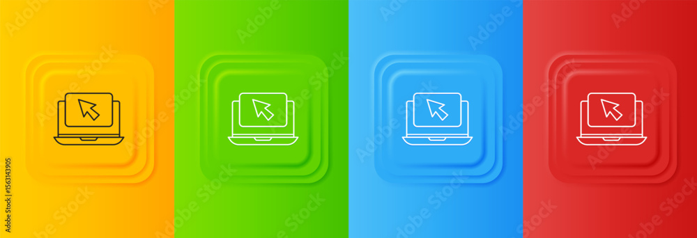 Poster White Laptop and cursor icon isolated on colorful background. Computer notebook with empty screen sign. Set icons in square buttons. Vector
