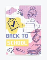 Back To School Vector Illustration with Girl and School Supplies.
