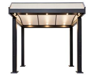 Modern outdoor gazebo with a hardtop roof and built-in lights on a transparent background