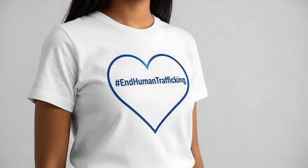Woman Wearing "End Human Trafficking" T-Shirt, Heart Symbol, Awareness Campaign.