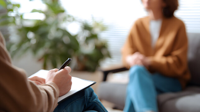 Psychotherapy session close-up. Close-up view of a therapist taking notes during a session with a blurred patient in the background. Ideal for mental health, support, and counseling themes.
Keywords: 