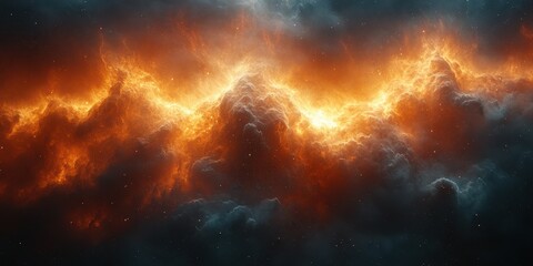 Naklejka premium Cosmic nebula showcasing vibrant orange and red flames amidst dark cosmic clouds