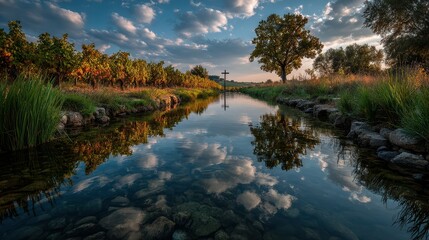Fototapeta premium Peaceful river reflecting clouds and a cross near vineyards at sunset