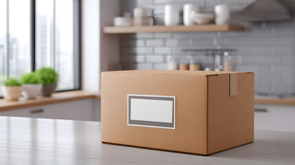Fototapeta premium Cardboard delivery box in modern kitchen. A simple cardboard shipping box placed on a counter in a stylish modern kitchen. Suitable for e-commerce, delivery services, or logistics themes. Keywords: 