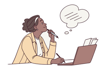 A thoughtful woman with dark curly hair wearing a yellow jacket sits at a desk contemplating her next move with a pen in hand