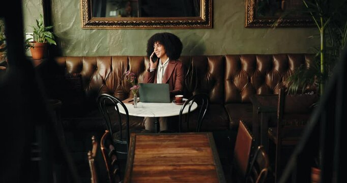 Remote work, phone call and typing with laptop in coffee shop for communication, online report and freelancing. Entrepreneur, woman and tech in cafe for business, startup proposal and web research