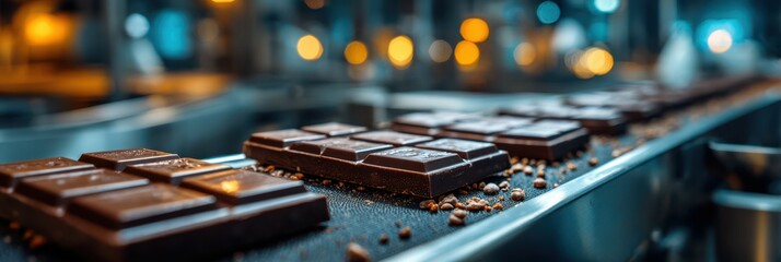 Chocolate bar production process inside a modern factory during evening hours