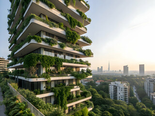 Architecture, sustainability and environment with buildings in city for carbon footprint, eco friendly and futuristic