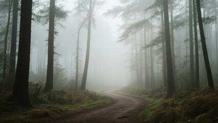 Obraz premium Misty Forest Pathway Lined with Tall Trees