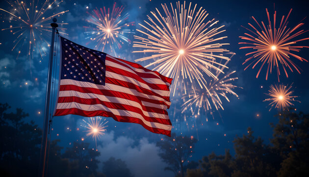 An American flag waves proudly against a backdrop of vibrant fireworks in a nighttime celebration, perfect for patriotic themes.