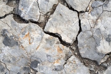 Obraz premium A close up shot of cracked and broken rock surface with visible soil between the fragments on ground