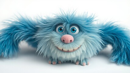 Fototapeta premium A cheerful blue furry creature with big eyes and a wide smile poses playfully against a bright white background.