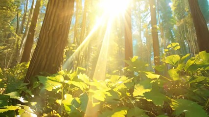 Golden sun rays pierce through the misty forest canopy, illuminating the vibrant green foliage and a winding path - Powered by Adobe
