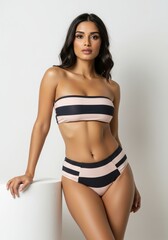 Obraz premium Striped Pink and Black High-Waisted Bikini Summer Fashion, Beachwear, and Swimsuit Style