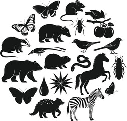 Fototapeta premium Animal silhouettes vector collection featuring wildlife and nature icons set