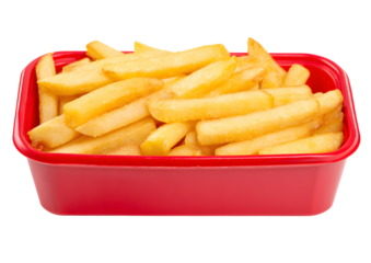 Golden French fries served in a red container, perfect for snacking, PNG, transparent background