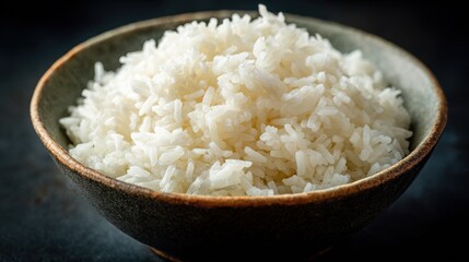Simple Rice Delight: A close-up, mouth-watering shot of fluffy, steamed rice filling a rustic bowl, ready to savor in this culinary creation.