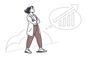 Ambitious woman confidently looking up at a rising graph symbolizing financial growth and future success