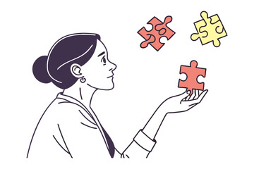 Thoughtful woman considering puzzle pieces symbolizing problem solving decision making and finding the right solution in a conceptual illustration