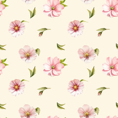 Delicate pink flowers in a bouquet. Watercolor illustration. Spring buds and petals, seamless pattern, isolated on a white background. The theme of spring, summer, flowering, holiday