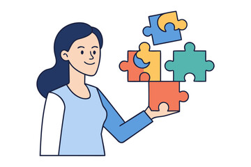 A woman holding and assembling colorful puzzle pieces symbolizing problem solving and teamwork in a collaborative effort