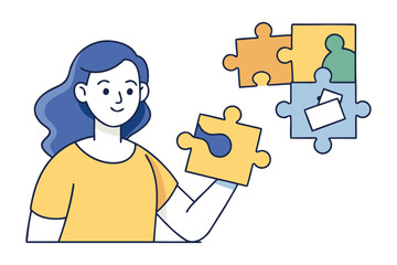 A young woman with blue hair and a yellow shirt is thoughtfully placing a puzzle piece into a larger puzzle
