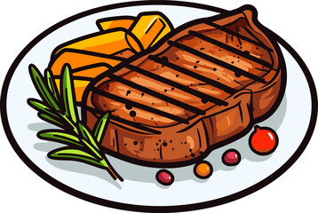 Grilled Steak with Rosemary and Chips on a White Plate