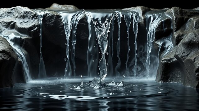 A serene cascading waterfall flows over dark grey rocks into a still pool of water creating a tranquil scene.