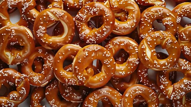 A pile of goldenbrown soft pretzels sprinkled with white salt