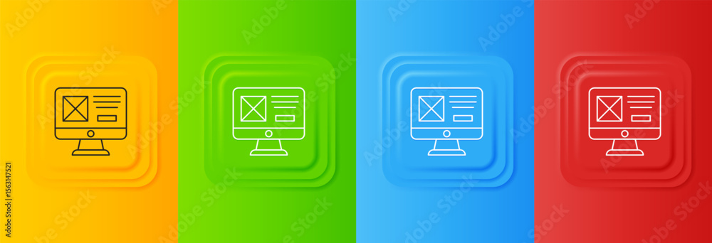 Poster White UI or UX design icon isolated on colorful background. Set icons in square buttons. Vector