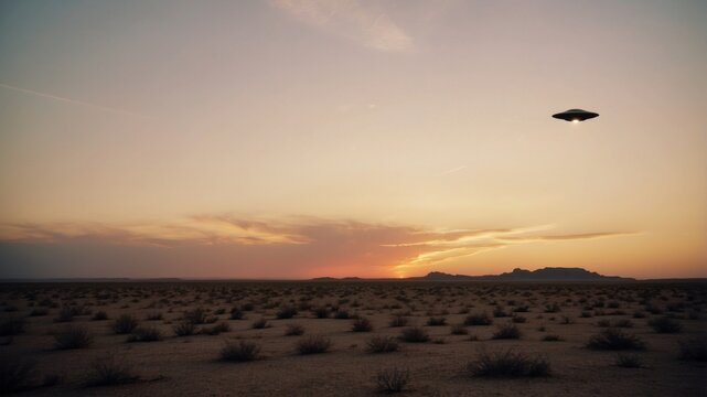 A ufo soars across the dramatic sunset sky over the vast desert.