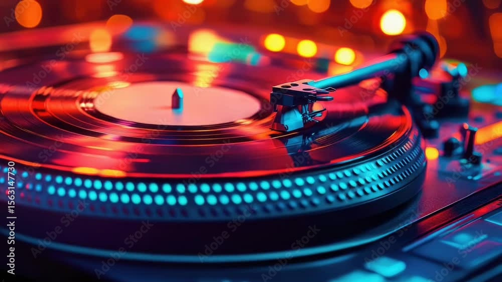 Poster A close-up shot of a vintage-style turntable with a playing record, ideal for music-related content