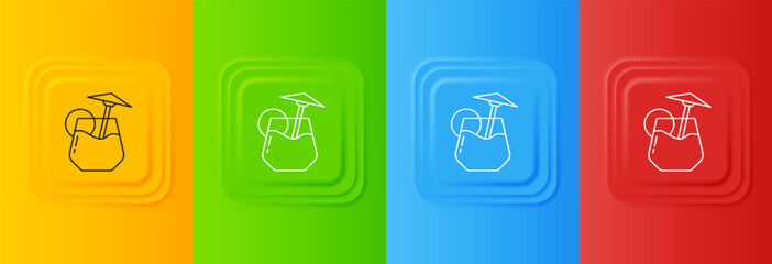 White Cocktail and alcohol drink with umbrella icon isolated on colorful background. Set icons in square buttons. Vector
