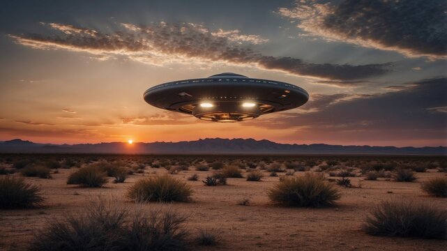A ufo hovers over a desert, illuminated by a beautiful sunset in the sky.