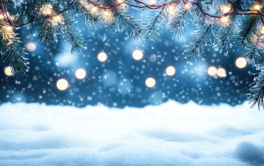 A festive Christmas tree stands adorned in a serene, snow-covered winter landscape with delicate snowflakes falling under a s