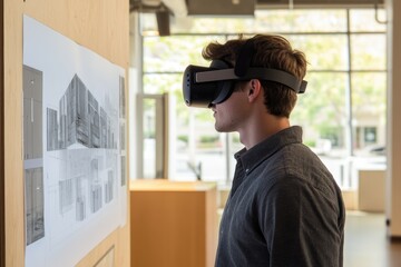 A young man uses a VR headset to view architectural drawings, experiencing immersive design review.
