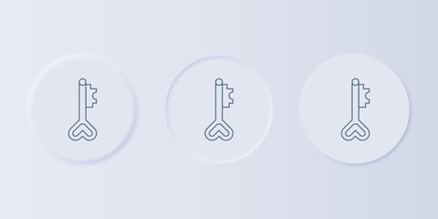 Grey Key in heart shape icon isolated on grey background. 8 March. International Happy Women Day. Set icons in square buttons. Vector