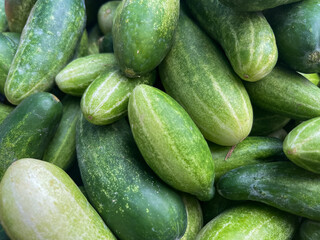 Fresh green cucumbers piled together, natural texture and vibrant color. Perfect for healthy food, market, or agriculture themes.