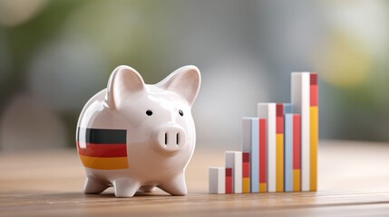 Economic Growth of Germany: A piggy bank adorned with German flag next to a rising bar graph, highlighting financial growth and the nation's economic progress.