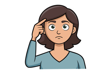 Cartoon woman with a thoughtful expression touching her temple with her finger appearing to be thinking deeply or recalling something