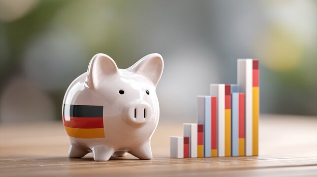 Economic Growth of Germany: A piggy bank adorned with German flag next to a rising bar graph, highlighting financial growth and the nation's economic progress.