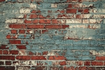 Naklejka premium Close up of an old brick wall with peeling blue and white paint creating a textured surface