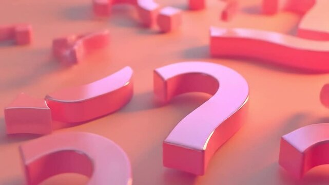 3D render of pink question marks scattered on a peachcolored surface