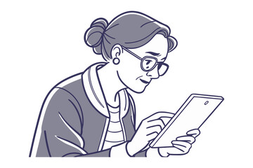Focused woman with glasses and hair bun engaged with a tablet device illustrating modern technology use