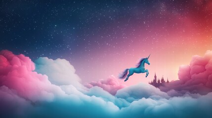 Fantasy Unicorn A unicorn flying over a castle in a fantasy kingdom, with colorful clouds and a starry night sky.