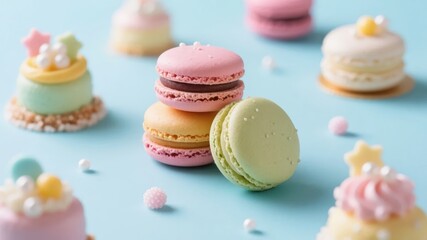 Obraz premium Stacked Pastel Macarons with Candy Decorations on a Light Blue Background