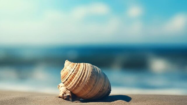 A large seashell rests on a sandy beach with the ocean and sky in the background